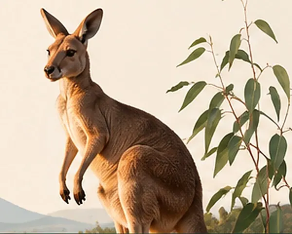 Kangaroo beside eucalyptus in warm Australian light