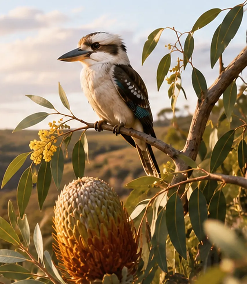 Kookaburra among eucalyptus and banksia